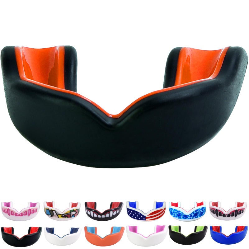 Oral Mart حارس الفم الأسود/البرتقالي للشباب من أورال مارت للأطفال - حارس فم للشباب للكاراتيه، كرة القدم الأمريكية، فنون القتال، التايكوندو، الملاكمة، كرة القدم، الرجبي، جيو جيتسو البرازيلية، موياي تاي، كرة القدم، الهوكي - Image 1